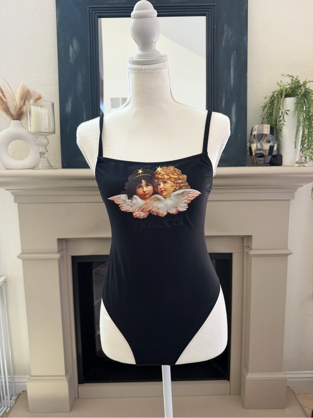 Fiorucci Black One-Piece Swimsuit with Cherub Graphic (Gold, Cream, Pink)